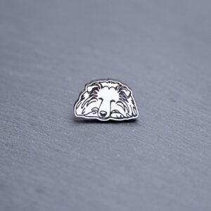 Collie Engraved Acrylic Pin. These acrylic pins are made with engraved cast acrylic. These pins are white and black with a black pin back.