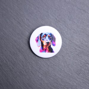 Dachshund Watercolor Button. These buttons are made with photo paper, metal round, and metal backing. These buttons are vibrant and fun to use on bags or vests.