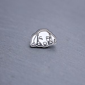 Dachshund Engraved Acrylic Pin. These acrylic pins are made with engraved cast acrylic. These pins are white and black with a black pin back.