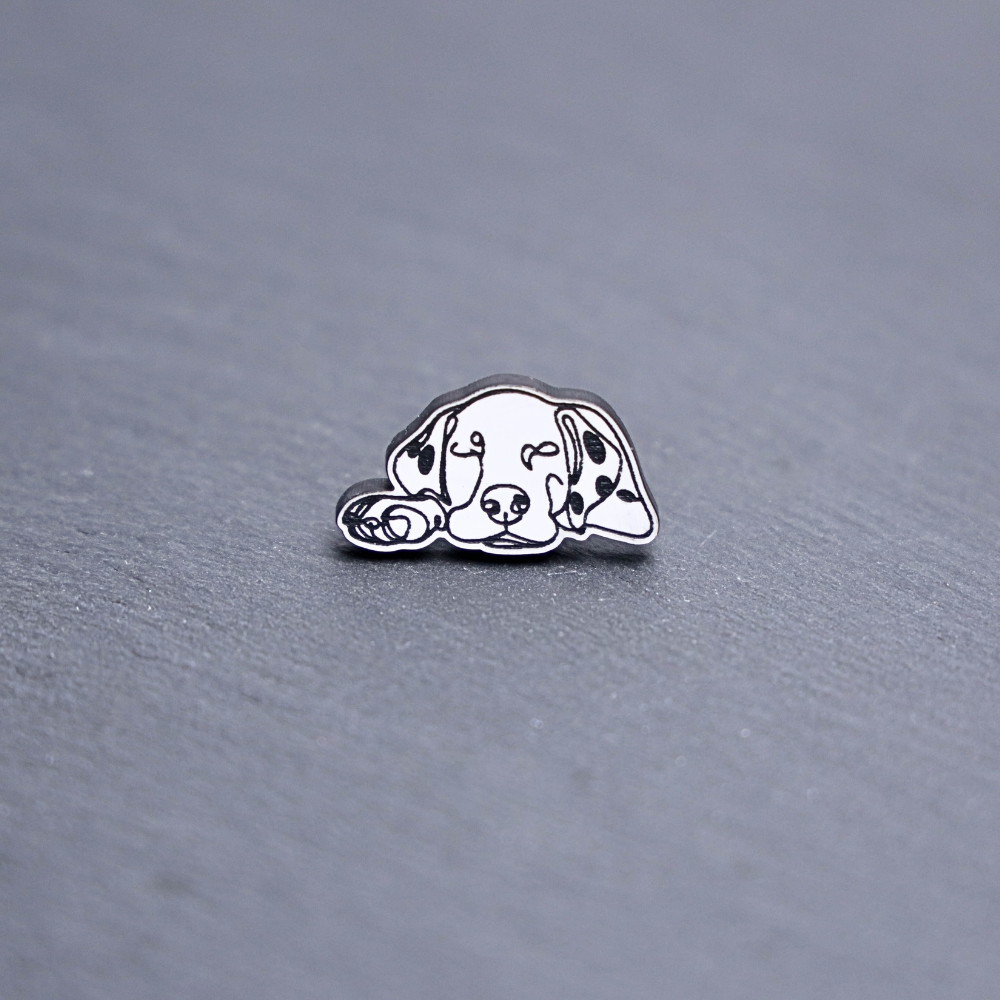 Dalmatian Engraved Acrylic Pin. These acrylic pins are made with engraved cast acrylic. These pins are white and black with a black pin back.
