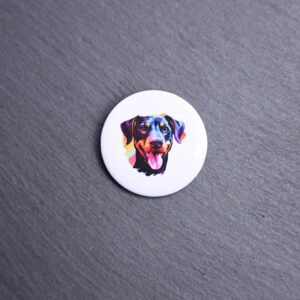 Dobermann Watercolor Button. These buttons are made with photo paper, metal round, and metal backing. These buttons are vibrant and fun to use on bags or vests.