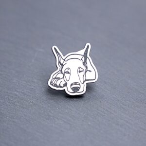 Doberman Pinscher Engraved Acrylic Pin. These acrylic pins are made with engraved cast acrylic. These pins are white and black with a black pin back.