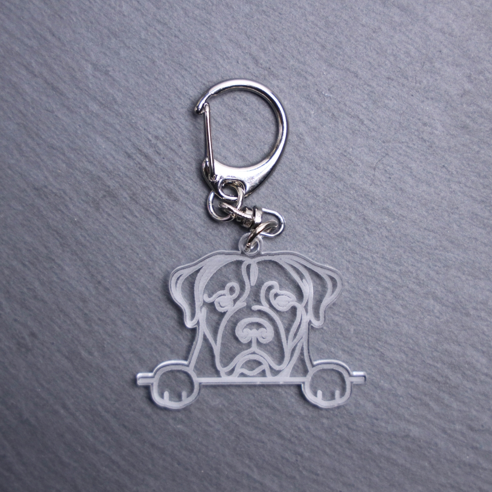 Dogo Argentino Bag Tag. This bag tag is made with engraved acrylic. Comes with lobster clasp topper that easily hooks to a bag, zippers, keychains,