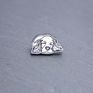 English Cocker Spaniel Engraved Acrylic Pin. These acrylic pins are made with engraved cast acrylic. These pins are white and black with a black pin back.