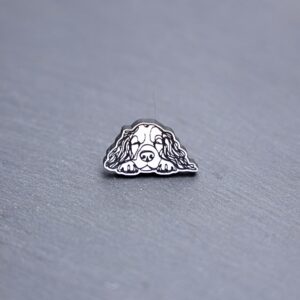 English Springer Spaniel Engraved Acrylic Pin. These acrylic pins are made with engraved cast acrylic. These pins are white and black with a black pin back.