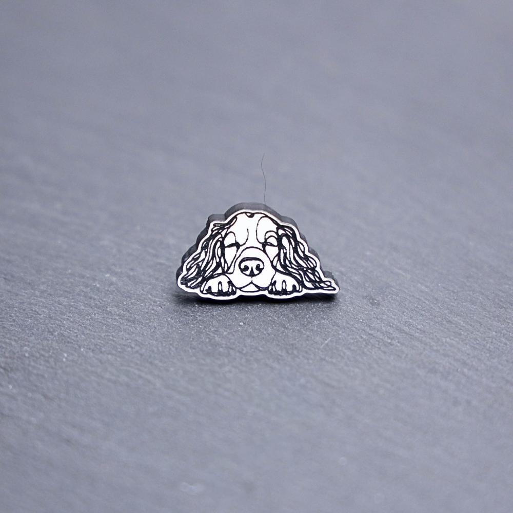 English Springer Spaniel Engraved Acrylic Pin. These acrylic pins are made with engraved cast acrylic. These pins are white and black with a black pin back.