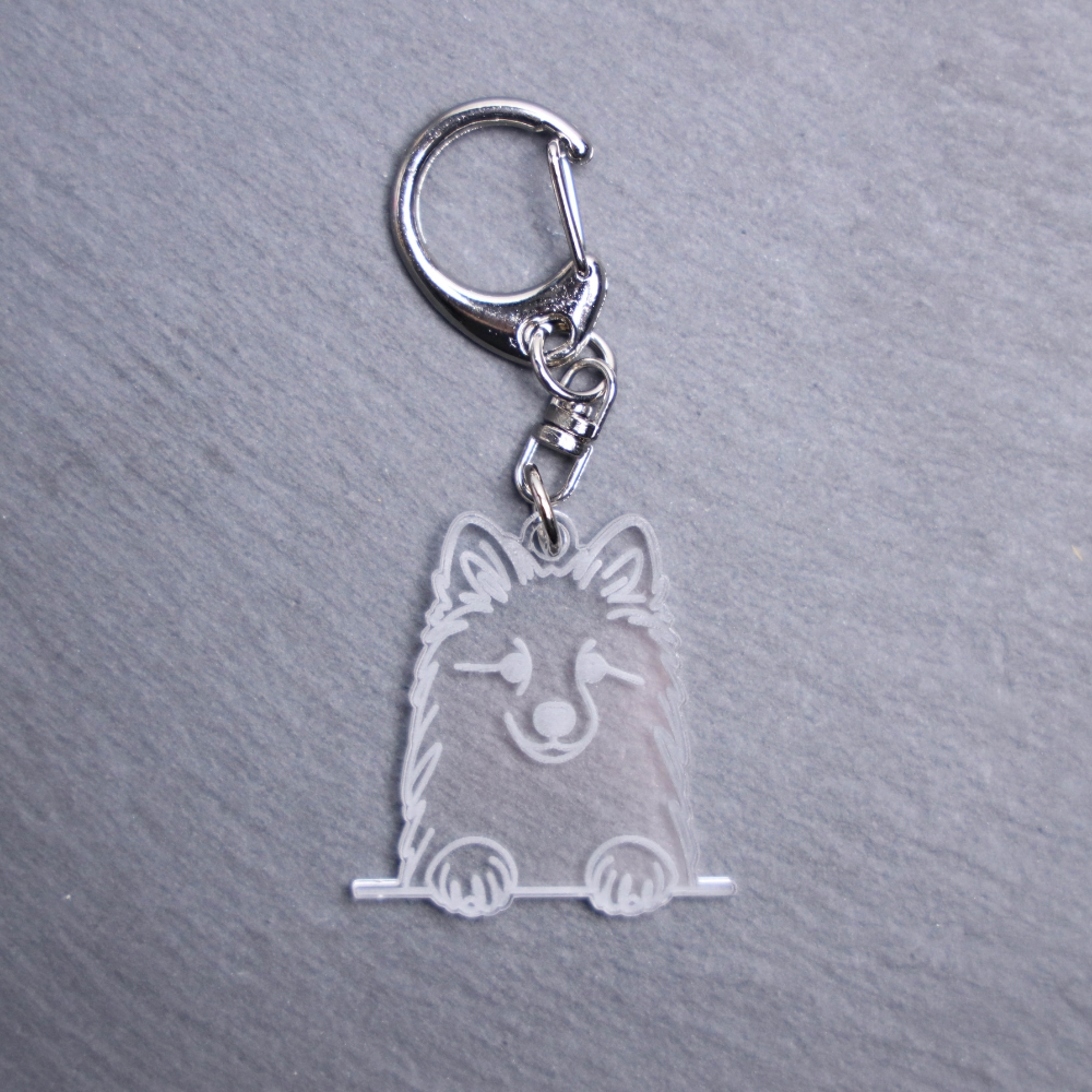 Finnish Spitz Bag Tag. This bag tag is made with engraved acrylic. Comes with lobster clasp topper that easily hooks to a bag, zippers, keychains,