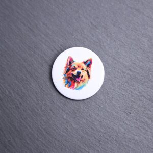 Finnish Spitz Watercolor Button. These buttons are made with photo paper, metal round, and metal backing. These buttons are vibrant and fun to use on bags or vests.
