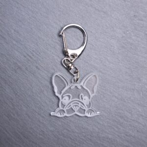 French Bulldog Bag Tag. This bag tag is made with engraved acrylic. Comes with lobster clasp topper that easily hooks to a bag, zippers, keychains,