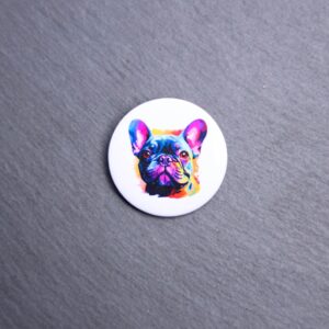 French Bulldog Watercolor Button. These buttons are made with photo paper, metal round, and metal backing. These buttons are vibrant and fun to use on bags or vests.