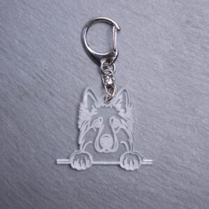 German Shepherd Bag Tag. This bag tag is made with engraved acrylic. Comes with lobster clasp topper that easily hooks to a bag, zippers, keychains,