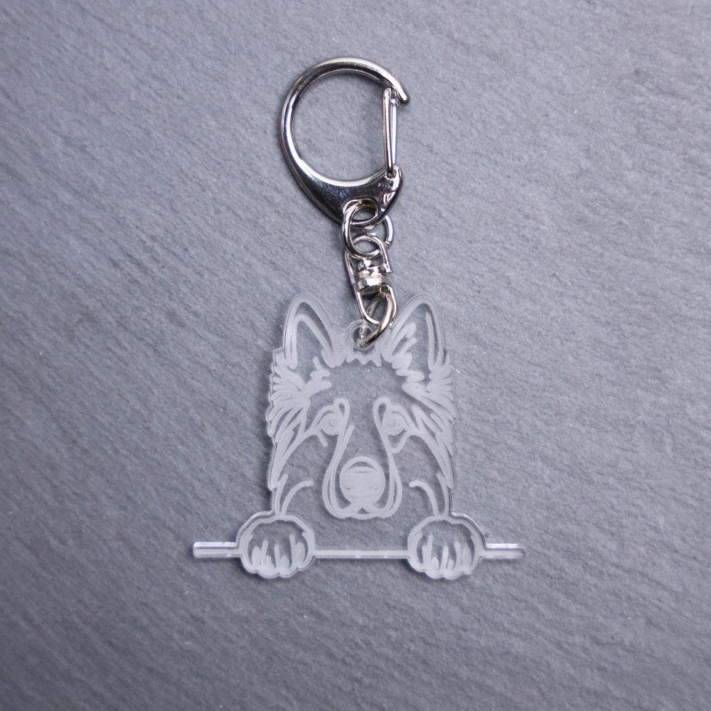 German Shepherd Bag Tag. This bag tag is made with engraved acrylic. Comes with lobster clasp topper that easily hooks to a bag, zippers, keychains,