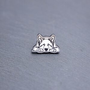 German Shepherd Engraved Acrylic Pin. These acrylic pins are made with engraved cast acrylic. These pins are white and black with a black pin back.