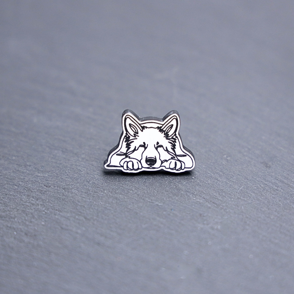 German Shepherd Engraved Acrylic Pin. These acrylic pins are made with engraved cast acrylic. These pins are white and black with a black pin back.