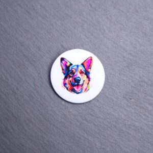 German Shepherd Watercolor Button. These buttons are made with photo paper, metal round, and metal backing. These buttons are vibrant and fun to use on bags or vests.