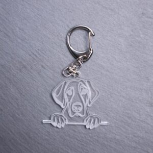 German Shorthaired Pointer Bag Tag. This bag tag is made with engraved acrylic. Comes with lobster clasp topper that easily hooks to a bag, zippers, keychains,