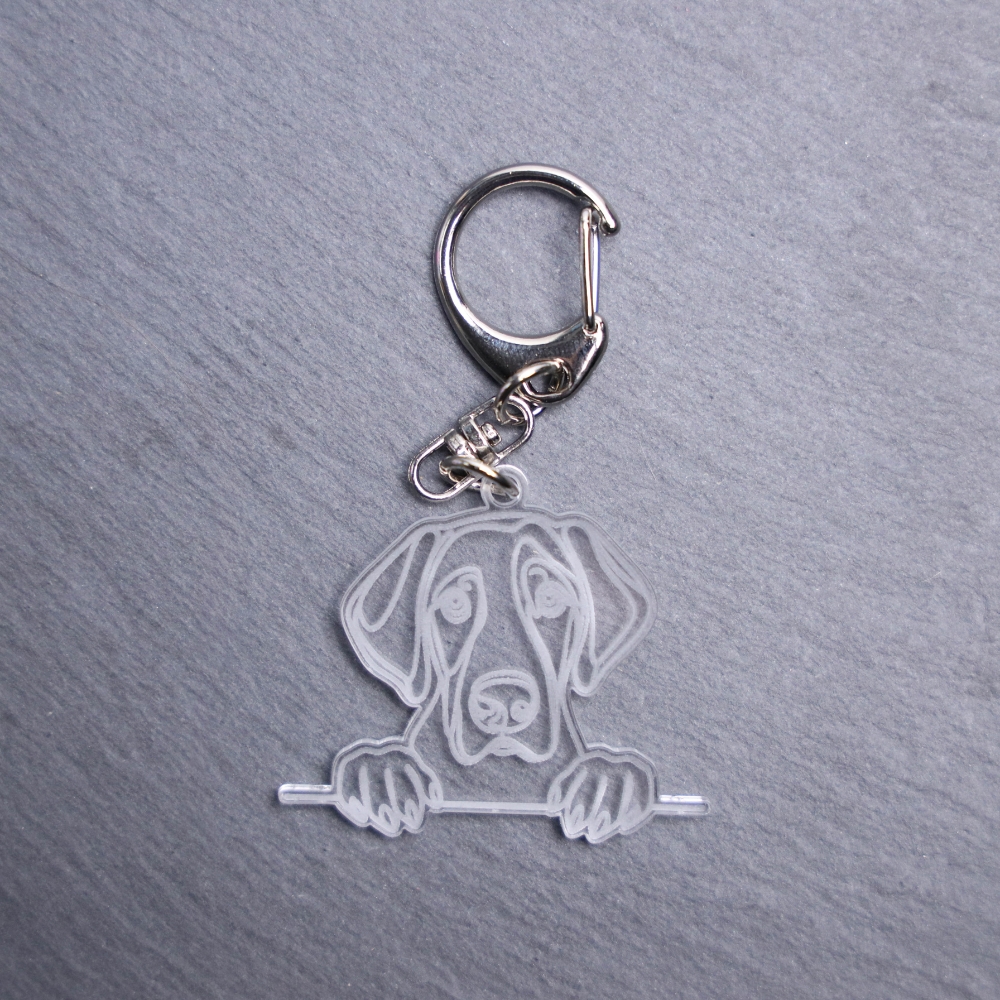 German Shorthaired Pointer Bag Tag. This bag tag is made with engraved acrylic. Comes with lobster clasp topper that easily hooks to a bag, zippers, keychains,