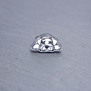 Giant Schnauzer Engraved Acrylic Pin. These acrylic pins are made with engraved cast acrylic. These pins are white and black with a black pin back.