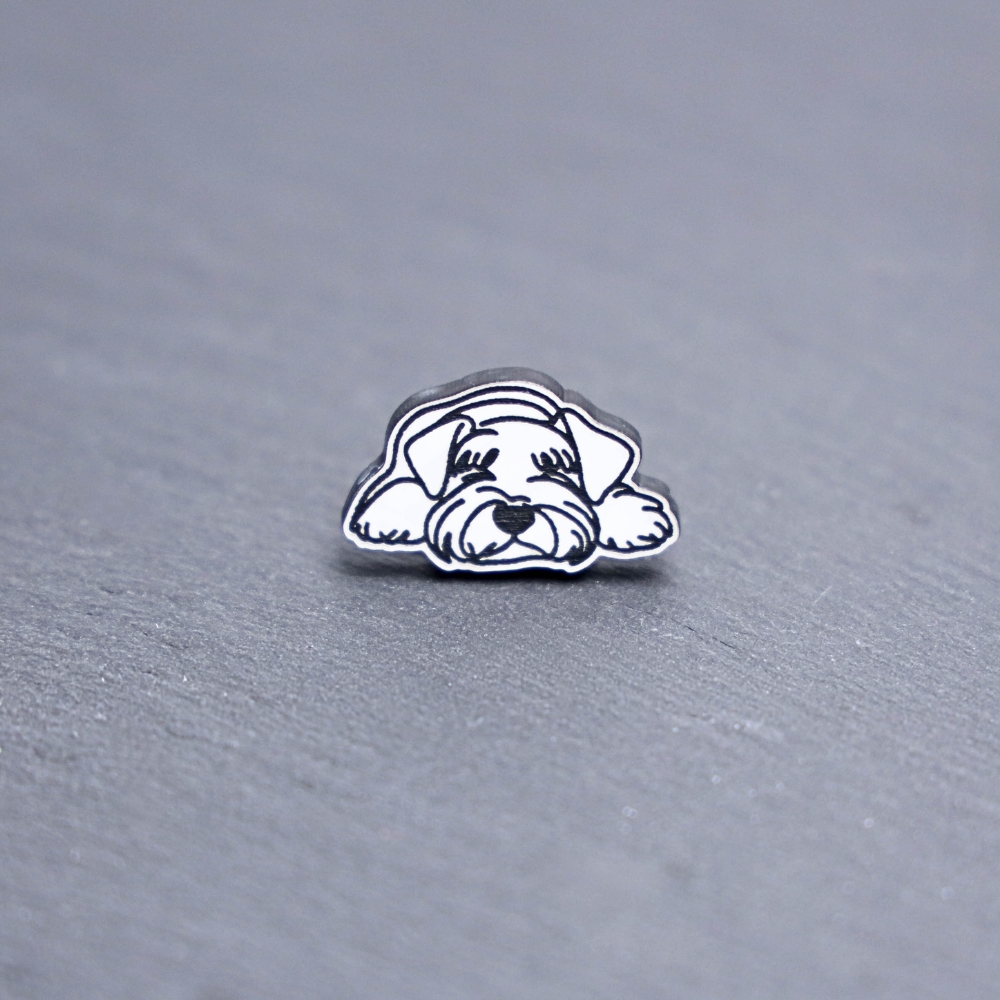 Giant Schnauzer Engraved Acrylic Pin. These acrylic pins are made with engraved cast acrylic. These pins are white and black with a black pin back.