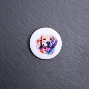 Golden Retriever Watercolor Button. These buttons are made with photo paper, metal round, and metal backing. These buttons are vibrant and fun to use on bags or vests.