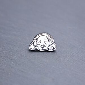 Golden Retriever Engraved Acrylic Pin. These acrylic pins are made with engraved cast acrylic. These pins are white and black with a black pin back.