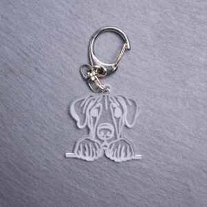 Great Dane Bag Tag. This bag tag is made with engraved acrylic. Comes with lobster clasp topper that easily hooks to a bag, zippers, keychains,