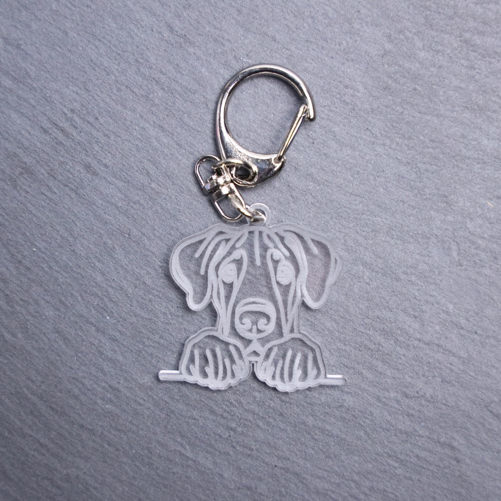 Great Dane Bag Tag. This bag tag is made with engraved acrylic. Comes with lobster clasp topper that easily hooks to a bag, zippers, keychains,