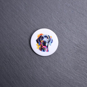 Great Dane Watercolor Button. These buttons are made with photo paper, metal round, and metal backing. These buttons are vibrant and fun to use on bags or vests.