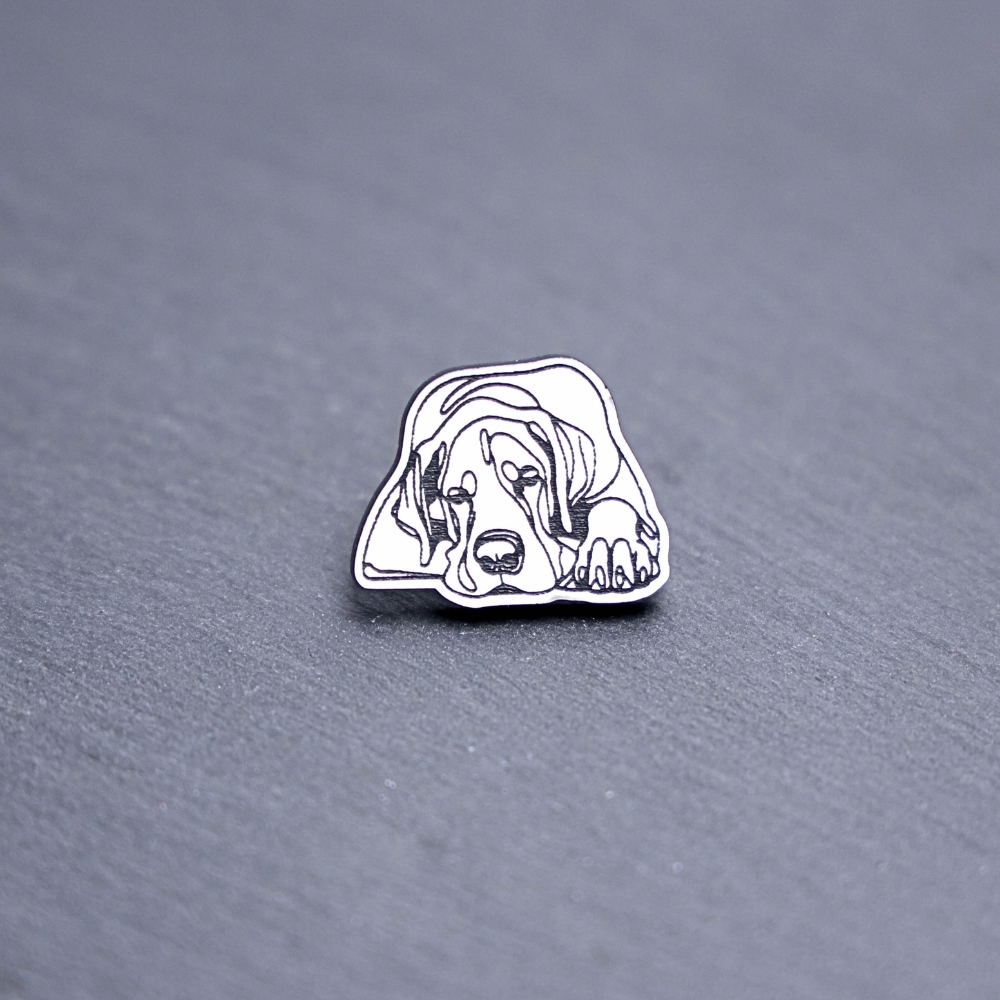 Great Dane Engraved Acrylic Pin. These acrylic pins are made with engraved cast acrylic. These pins are white and black with a black pin back.