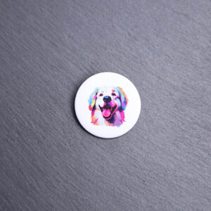 Great Pyrenees Watercolor Button. These buttons are made with photo paper, metal round, and metal backing. These buttons are vibrant and fun to use on bags or vests.