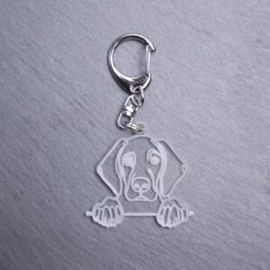 Hanoverian Scent Hound Bag Tag. This bag tag is made with engraved acrylic. Comes with lobster clasp topper that easily hooks to a bag, zippers, keychains,