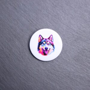 Siberian Husky Watercolor Button. These buttons are made with photo paper, metal round, and metal backing. These buttons are vibrant and fun to use on bags or vests.