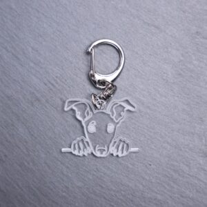 Ibizian Hound Bag Tag. This bag tag is made with engraved acrylic. Comes with lobster clasp topper that easily hooks to a bag, zippers, keychains