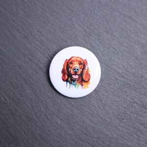 Irish Setter Watercolor Button. These buttons are made with photo paper, metal round, and metal backing. These buttons are vibrant and fun to use on bags or vests.