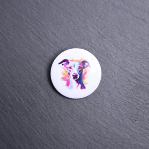 Italian Greyhound Watercolor Button. These buttons are made with photo paper, metal round, and metal backing. These buttons are vibrant and fun to use on bags or vests.