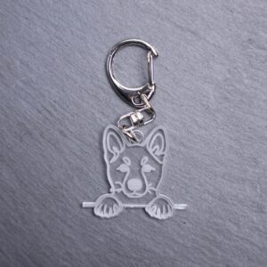 Korean Jindo Dog Bag Tag. This bag tag is made with engraved acrylic. Comes with lobster clasp topper that easily hooks to a bag, zippers, keychains