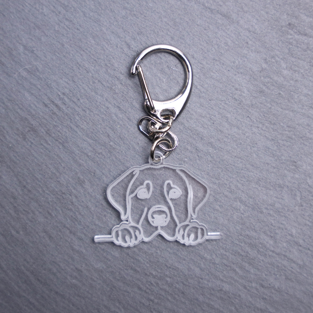 Labrador Retriever Bag Tag. This bag tag is made with engraved acrylic. Comes with lobster clasp topper that easily hooks to a bag, zippers, keychains
