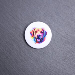 Labrador Retriever Watercolor Button. These buttons are made with photo paper, metal round, and metal backing. These buttons are vibrant and fun to use on bags or vests.