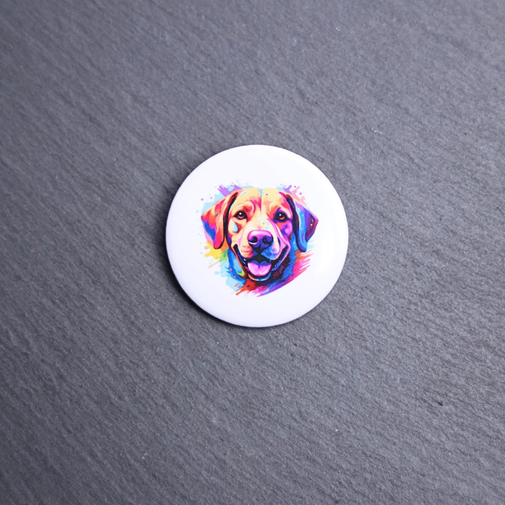 Labrador Retriever Watercolor Button. These buttons are made with photo paper, metal round, and metal backing. These buttons are vibrant and fun to use on bags or vests.