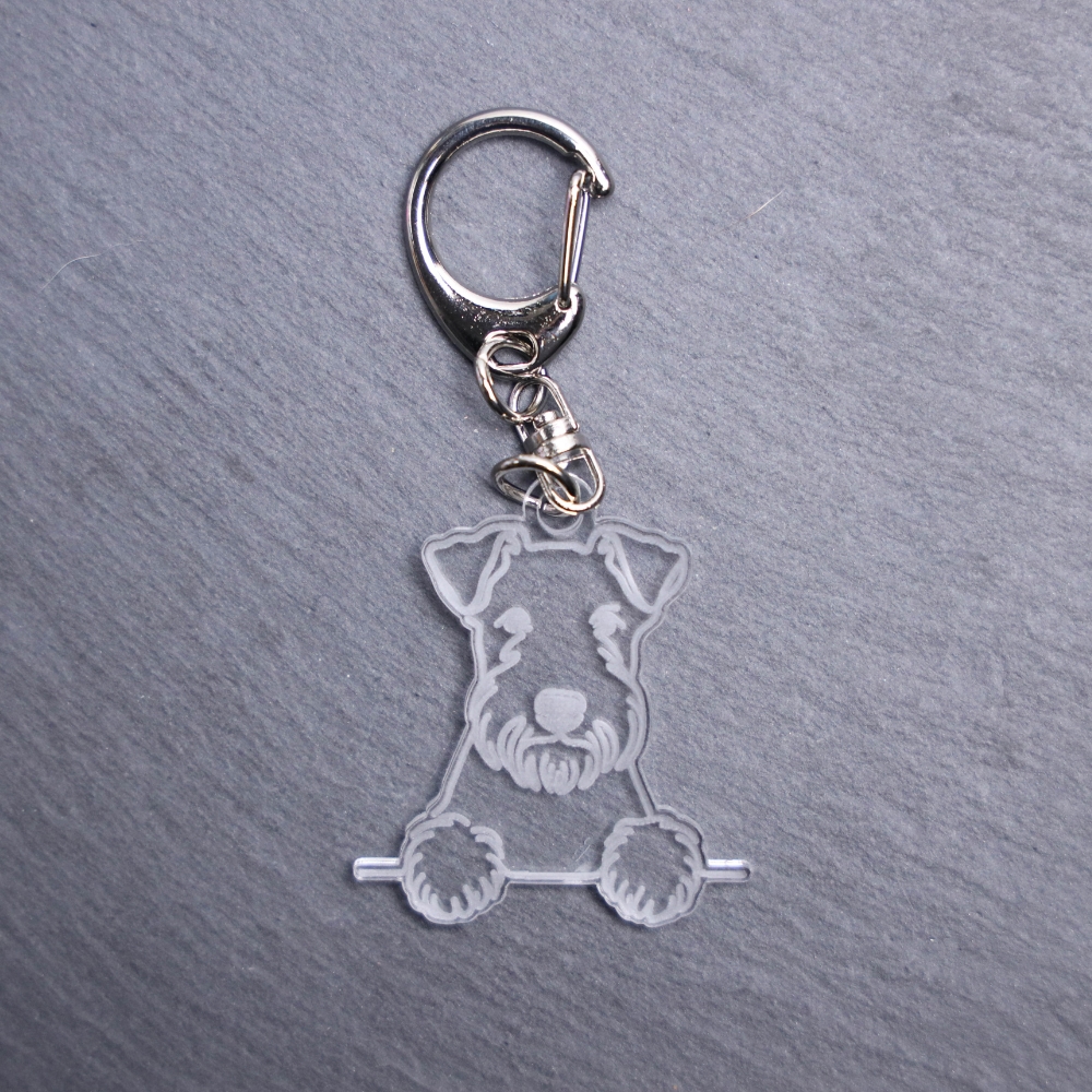 Lakeland Terrier Bag Tag. This bag tag is made with engraved acrylic. Comes with lobster clasp topper that easily hooks to a bag, zippers, keychains,