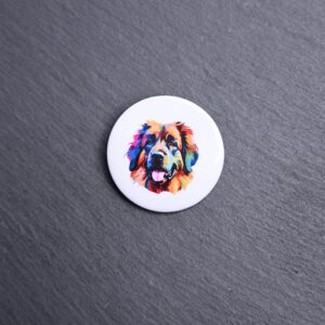 Leonberger Watercolor Button. These buttons are made with photo paper, metal round, and metal backing. These buttons are vibrant and fun to use on bags or vests.