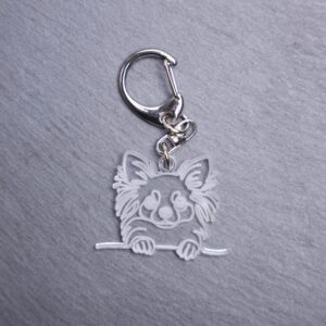 Long Coat Chihuahua Bag Tag. This bag tag is made with engraved acrylic. Comes with lobster clasp topper that easily hooks to a bag, zippers, keychains,
