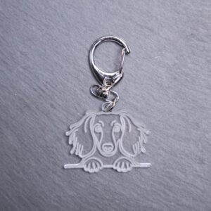 Long Coat Dachshund Bag Tag. This bag tag is made with engraved acrylic. Comes with lobster clasp topper that easily hooks to a bag, zippers, keychains,