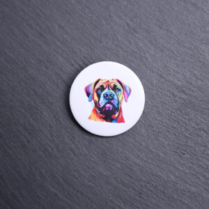 Mastiff Watercolor Button. These buttons are made with photo paper, metal round, and metal backing. These buttons are vibrant and fun to use on bags or vests.