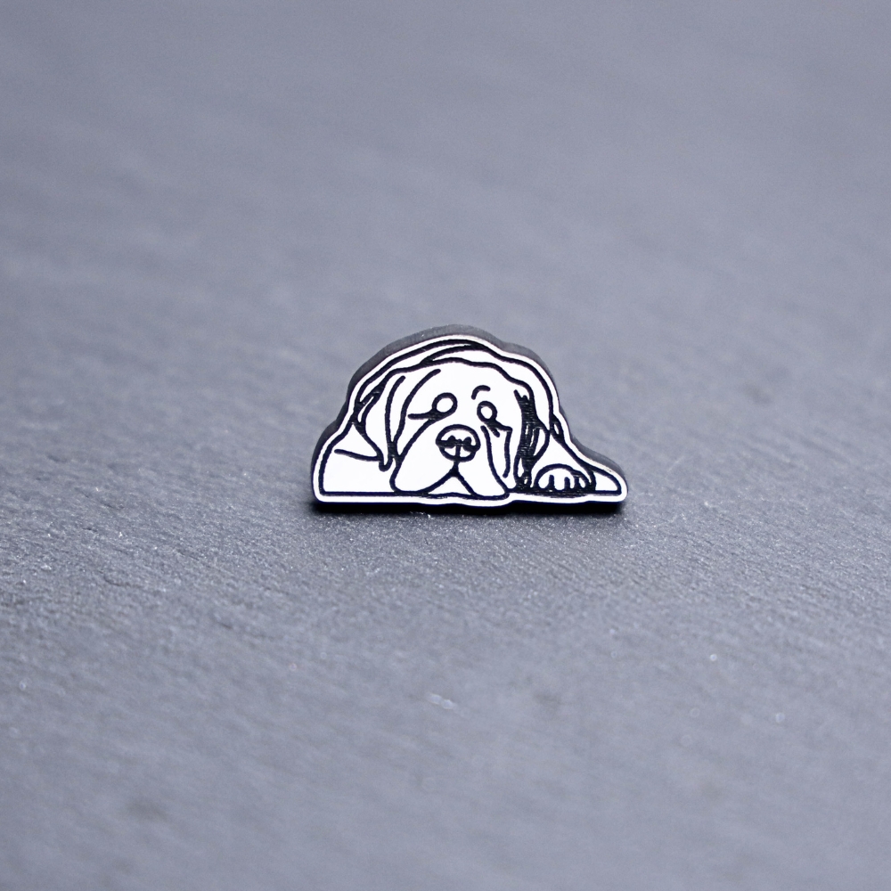 Mastiff Engraved Acrylic Pin. These acrylic pins are made with engraved cast acrylic. These pins are white and black with a black pin back.