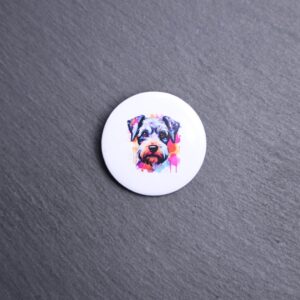 Mini Schnauzer Watercolor Button. These buttons are made with photo paper, metal round, and metal backing. These buttons are vibrant and fun to use on bags or vests.