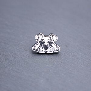 Mini Schnauzer Engraved Acrylic Pin. These acrylic pins are made with engraved cast acrylic. These pins are white and black with a black pin back.