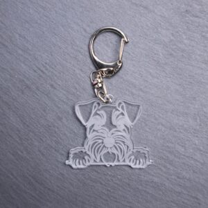 Miniature Schnauzer Bag Tag. This bag tag is made with engraved acrylic. Comes with lobster clasp topper that easily hooks to a bag, zippers, keychains,