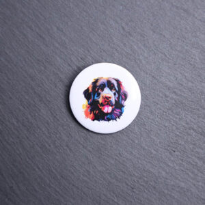 Newfoundland Watercolor Button. These buttons are made with photo paper, metal round, and metal backing. These buttons are vibrant and fun to use on bags or vests.