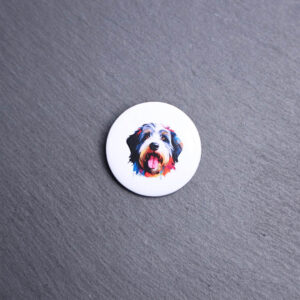 Old English Sheepdog Watercolor Button. These buttons are made with photo paper, metal round, and metal backing. These buttons are vibrant and fun to use on bags or vests.